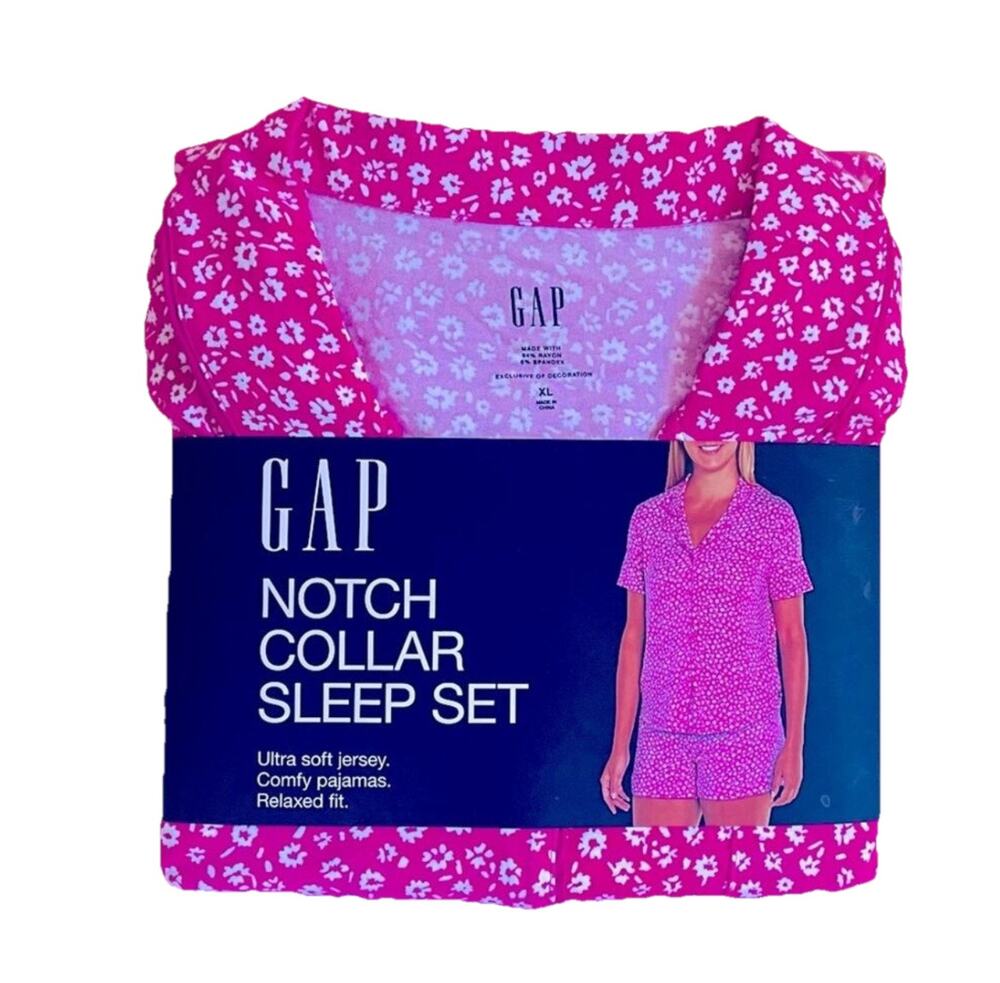 NWT XL Pink GAP Short Sleeve Pajama Set Loungewear Button-Up Relax Flower Cozy